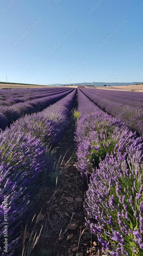 Obraz premium Tranquil lavender fields under a clear daytime sky, with rows of purple flowers stretching to the horizon. Captures the tranquility and beauty of nature