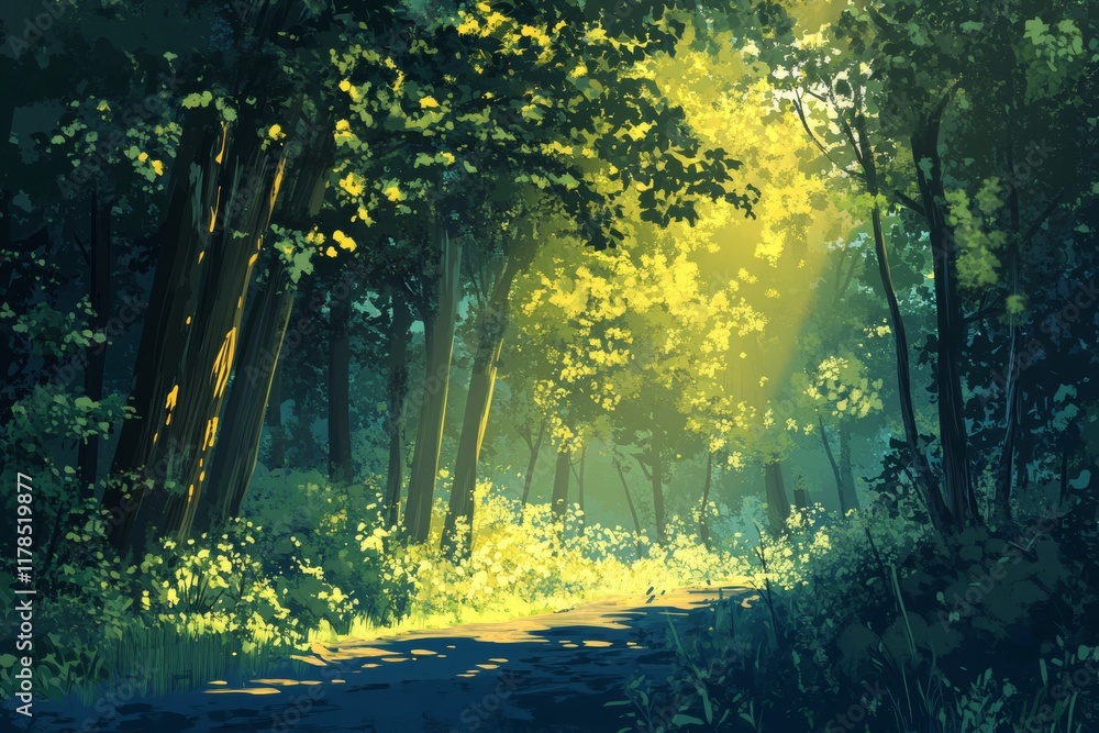 Obraz premium Forest with a path in the middle. The path is surrounded by trees and the sunlight is shining through the leaves