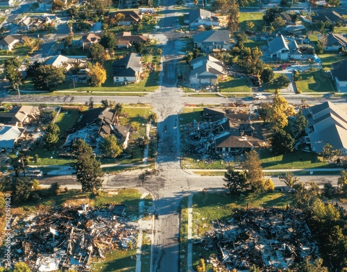 Disaster response and recovery efforts in urban areas aerial view of devastated neighborhoods environmental impact assessment post-disaster recovery community resilience photo