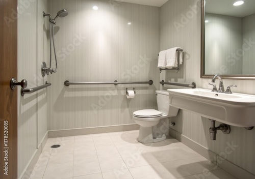 Modern accessible bathroom featuring grab bars and updated fixtures in well-lit space