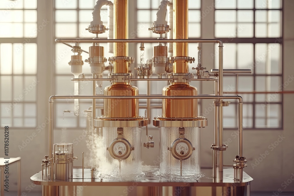 Obraz premium Industrial distillation apparatus with steam and golden components in a bright setting.