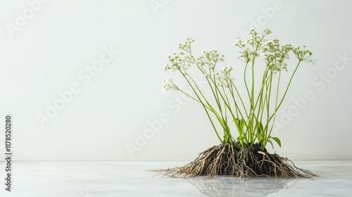 A botanical study of water dropwort with its roots, displayed on a white background with clean copy space. photo