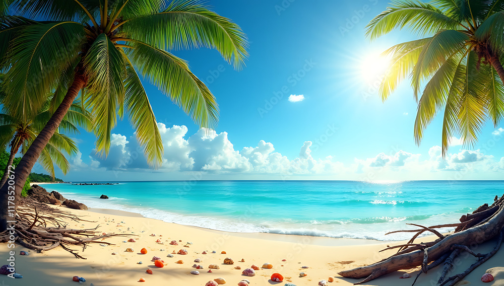 Obraz premium A vibrant tropical beach with turquoise water, golden sand, and swaying palm trees under a vivid blue sky with scattered white clouds and a bright sun.