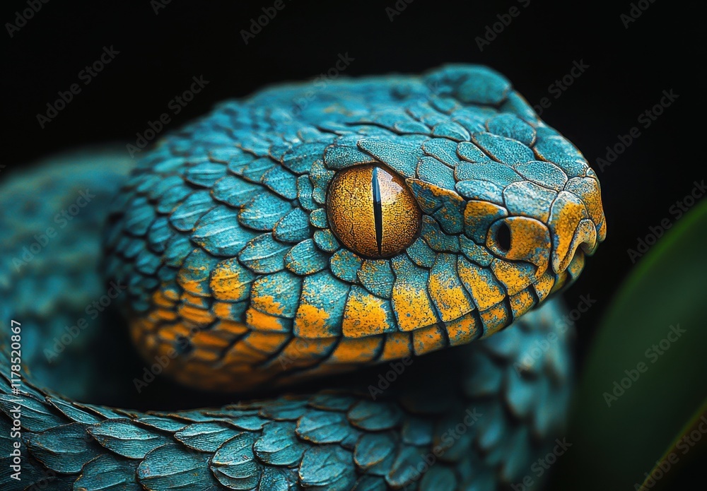 Fototapeta premium Close-Up of a Vibrantly Colored Snake with Detailed Scales and Striking Eye Features, Set Against a Dark Background, Ideal for Nature and Wildlife Photography
