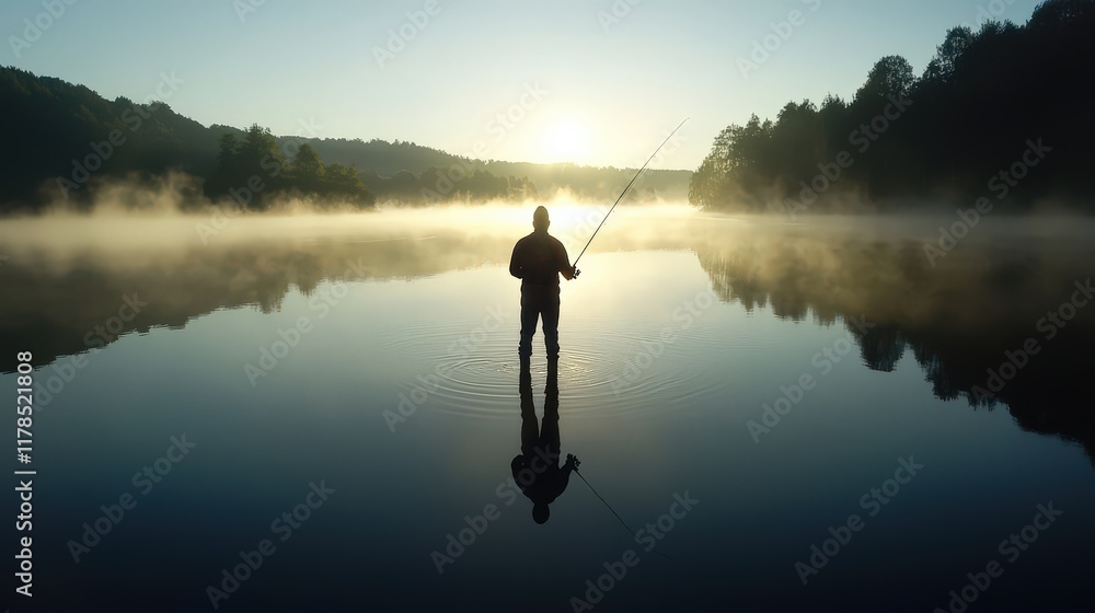 A man fishing on a calm lake, surrounded by mist rising from the water in the early morning A man fishing on a calm lake, surrounded by mist rising from the water in the early morning