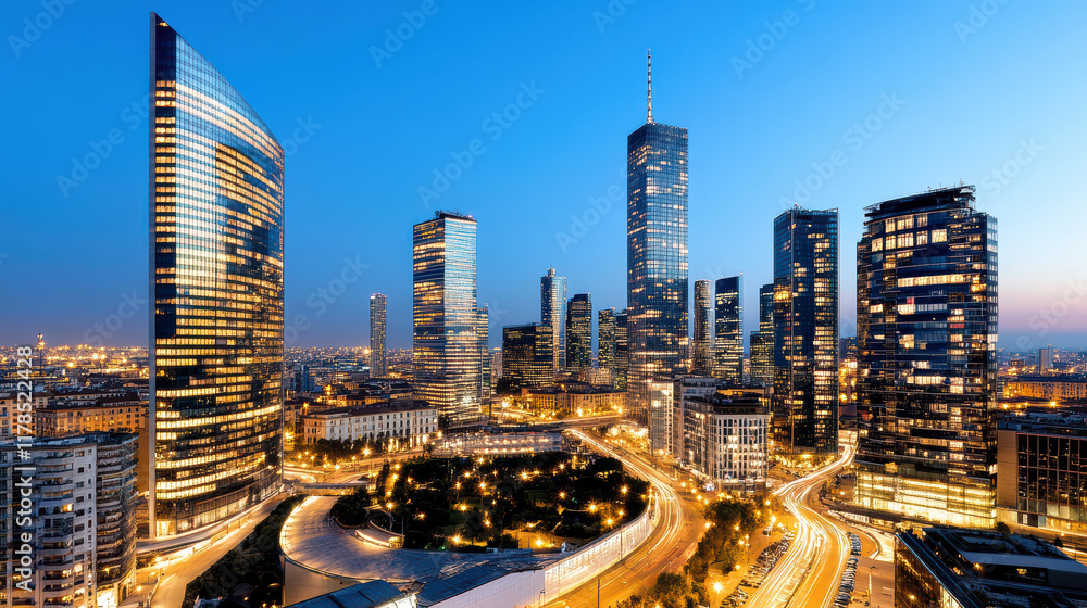 Fototapeta premium High resolution image of Milan skyline at dusk, showcasing modern architecture