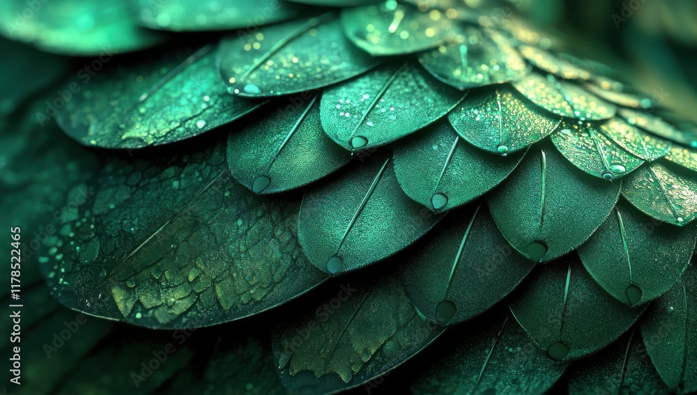 Obraz premium Close-Up of Iridescent Green Scales with Textured Patterns and Natural Beauty in a Green Fantasy World