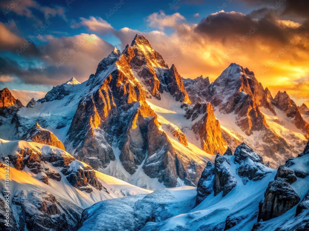 Fototapeta premium Majestic Winter Mountain Peaks: Breathtaking Alpine Scenery, Snow Capped Summits, Frozen Wilderness Photography