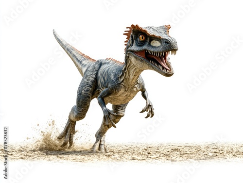 Fototapeta Naklejka Na Ścianę i Meble -  A dynamic illustration of a dinosaur running on a sandy surface.