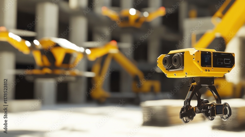 Yellow construction robot drone hovering over a building site. Yellow construction robot drone hovering over a building site.