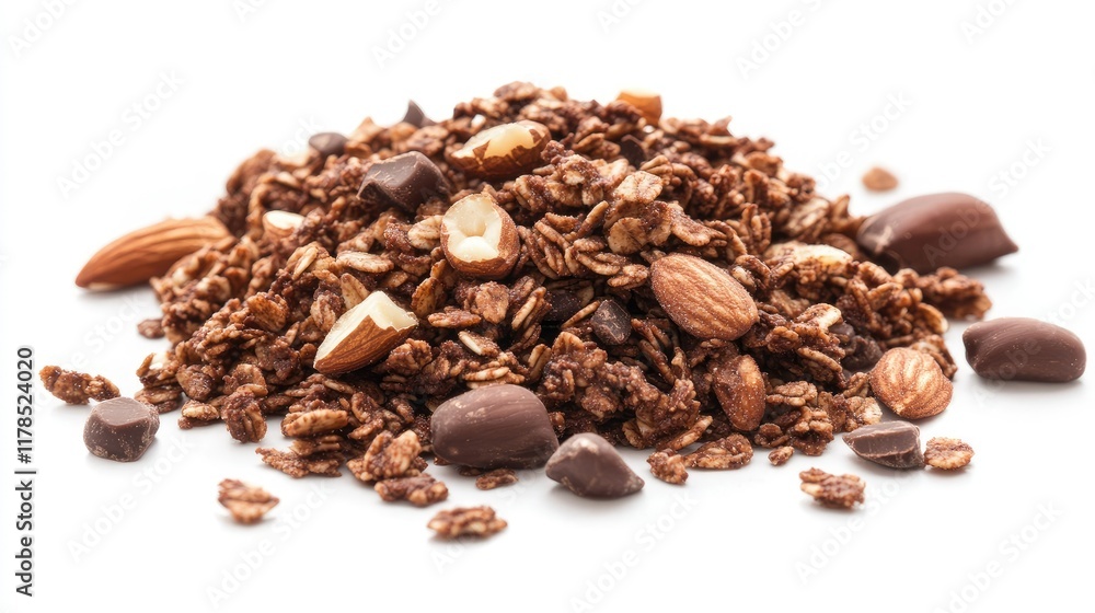 A pile of chocolate granola with mixed nuts, isolated on a pure white background. Clean design with room for text. A pile of chocolate granola with mixed nuts, isolated on a pure white background. Clean design with room for text.