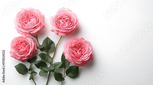 Pink roses arranged on white background; floral design for cards, websites. photo