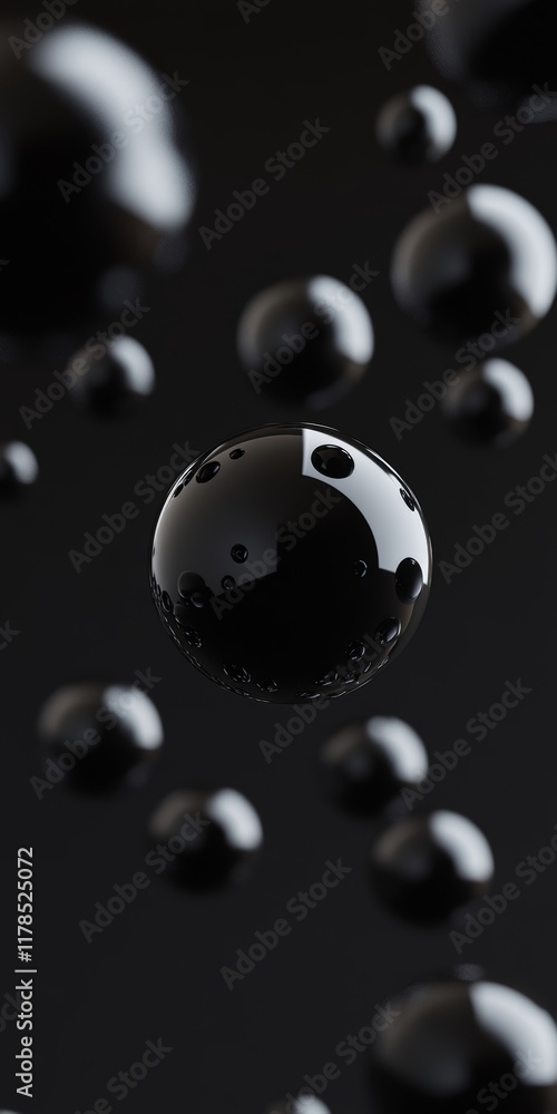 Abstract image of black spheres floating in a dark, minimalist space, showcasing reflective surfaces and modern design. Abstract image of black spheres floating in a dark, minimalist space, showcasing reflective surfaces and modern design.