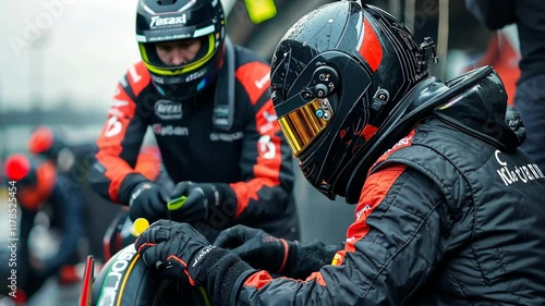 Intense Pit Stop: Formula 1 Racing Team Members Preparing for High-Speed Action in Rainy Conditions