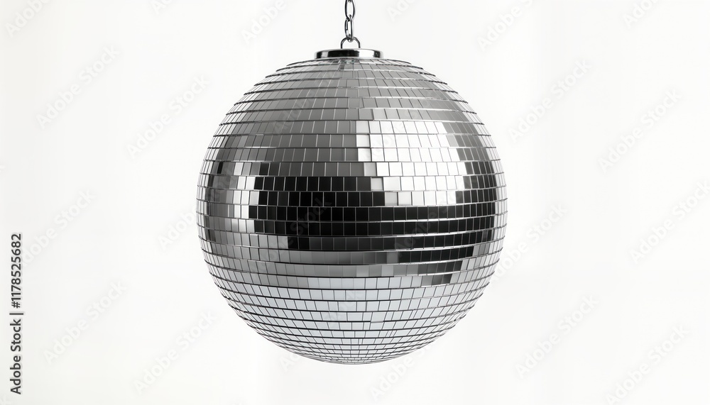 Fototapeta premium Shiny silver disco ball hangs on transparent background. Stylish metallic orb sparkles, gleams. Perfect decoration for party nightclub. Modern disco ball reflects light in shimmering way. Great for