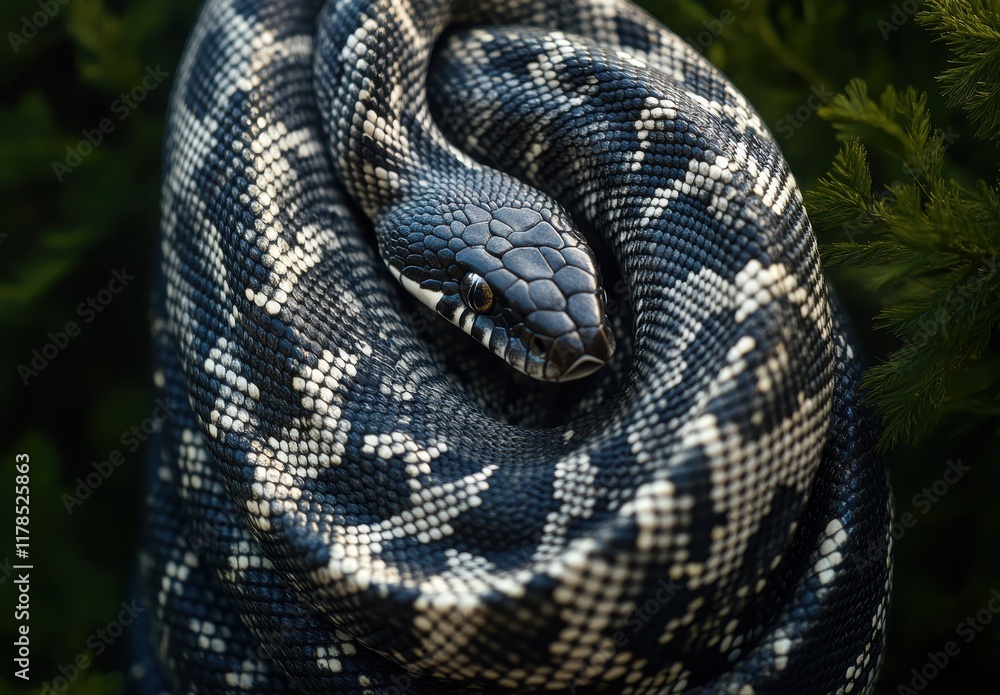 Close-up View of a Strikingly Patterned Blue and Black Snake Coiled Among Lush Green Foliage, Showcasing Its Intricate Scales and Captivating Eyes Close-up View of a Strikingly Patterned Blue and Black Snake Coiled Among Lush Green Foliage, Showcasing Its Intricate Scales and Captivating Eyes