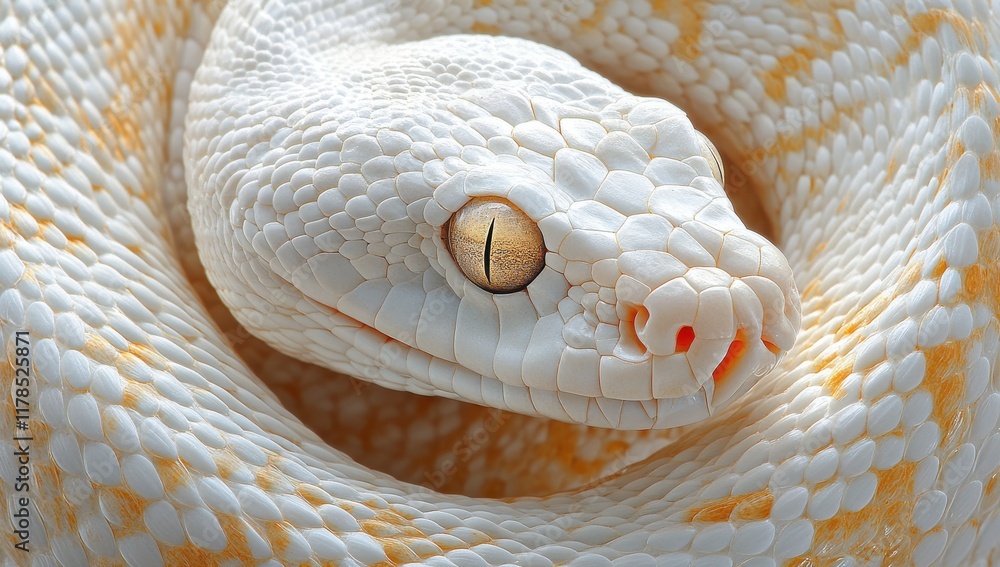 Fototapeta premium Close-up View of a Stunning White Snake Showcasing Intricate Scales and Unique Eye Features, Highlighting the Beauty of Nature and Reptilian Species in a Serene Setting