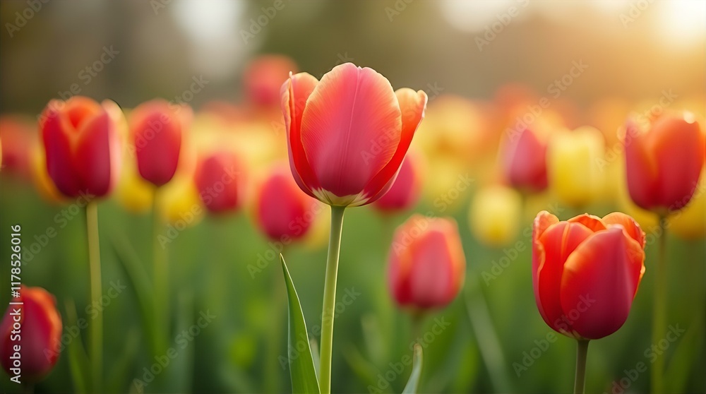 A Vibrant Field of Tulips Bathed in Golden Hour Sunlight, Focus on a Single Red Tulip A Vibrant Field of Tulips Bathed in Golden Hour Sunlight, Focus on a Single Red Tulip