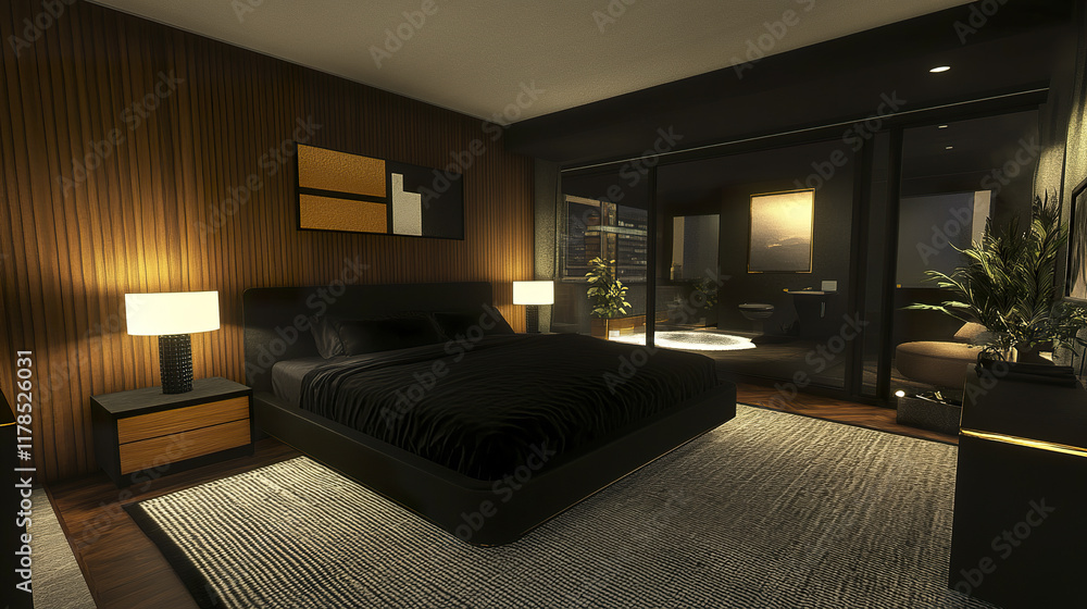 Fototapeta premium Modern bedroom with sleek dark furniture and retro accents