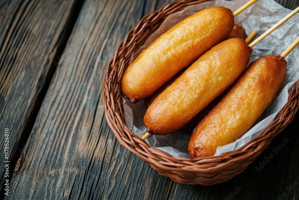 A basket of corn dogs on sticks, placed against an old wooden table. A basket of corn dogs on sticks, placed against an old wooden table.