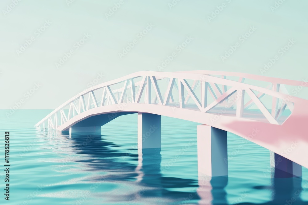 A bridge is shown in the water with a pinkish hue. The bridge is white and has a pinkish tint A bridge is shown in the water with a pinkish hue. The bridge is white and has a pinkish tint