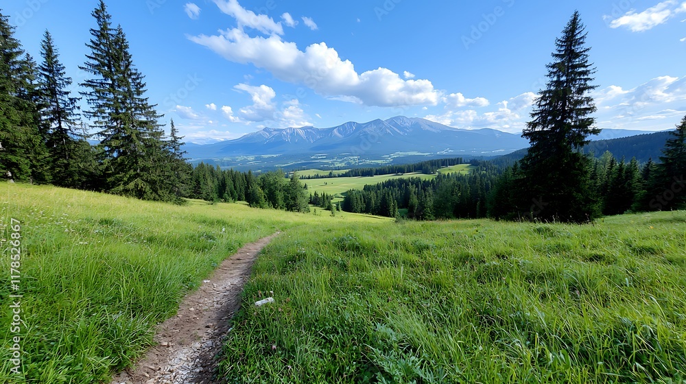 Panoramic view of a mountain valley with a trail through a grassy field, surrounded by lush green pine trees under a bright blue sky with fluffy clouds. Panoramic view of a mountain valley with a trail through a grassy field, surrounded by lush green pine trees under a bright blue sky with fluffy clouds.