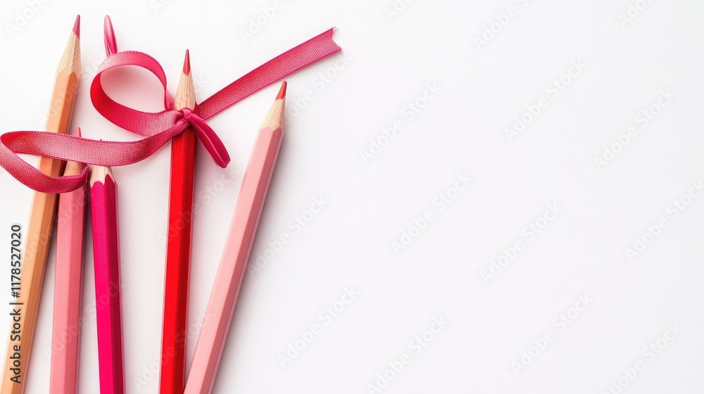An artistic arrangement of pencils, pink and red markers, and a unicorn pen featuring a ribbon on a clean white background with copy space An artistic arrangement of pencils, pink and red markers, and a unicorn pen featuring a ribbon on a clean white background with copy space