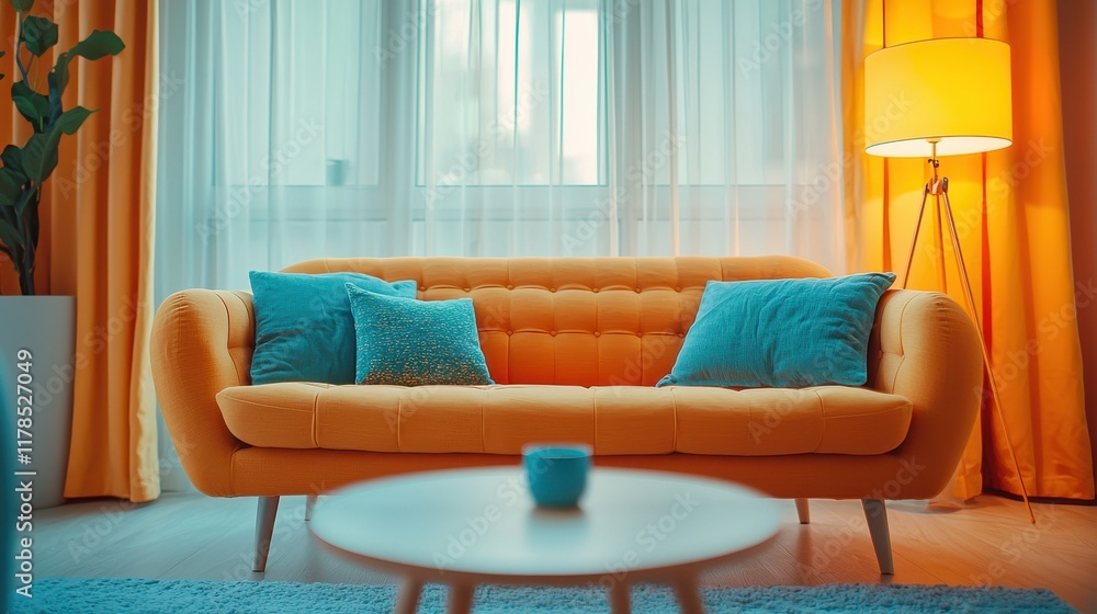 Fototapeta premium Modern Orange Sofa with Teal Pillows in Bright Living Room Interior