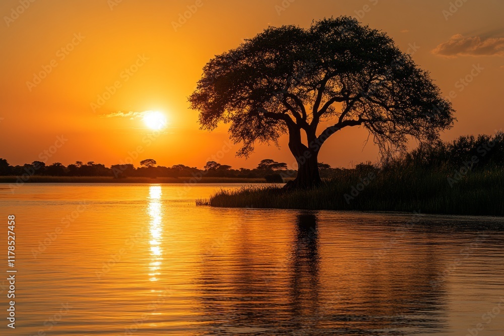 A large tree is reflected in the water of a lake A large tree is reflected in the water of a lake