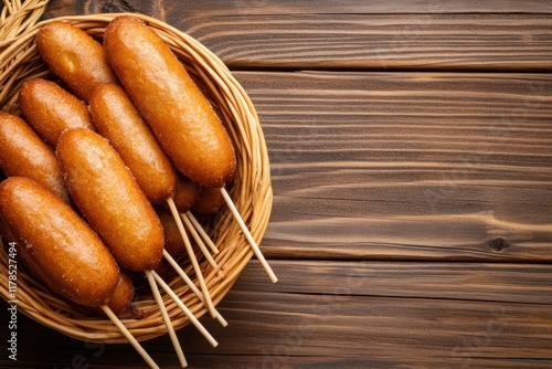 A basket of corn dogs on sticks, placed against an old wooden table.  photo