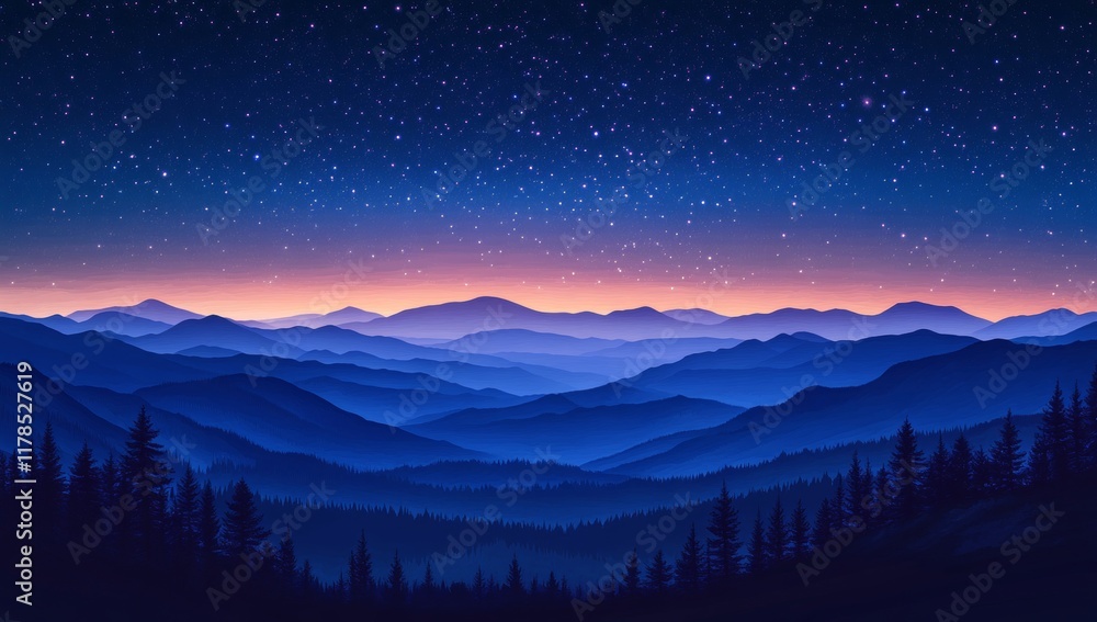 Naklejka premium A beautiful mountain range with a blue sky and a starry night