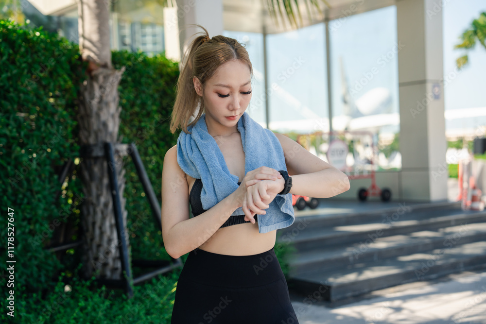 Fototapeta premium Woman watching with device smartwatch on the street. Sporty woman does exercises in the open air. Healthy lifestyle and sports activities in the city outdoor with sunlight.