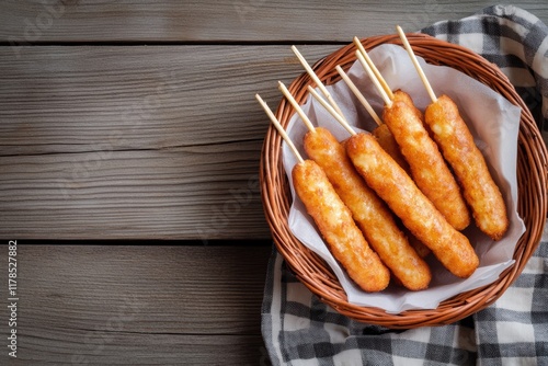 A basket of corn dogs on sticks, placed against an old wooden table.  photo