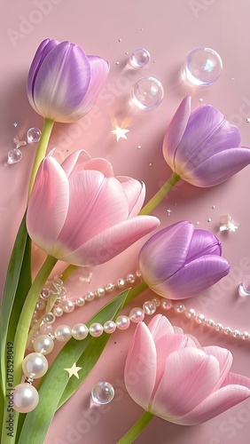 Colorful flowers on pink background with dots. Uses: wallpaper, cards, social media, stationery, art prints.