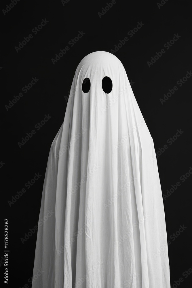 A mysterious ghostly figure draped in a white sheet stands against a dark background. The haunting appearance evokes themes of fear, imagination, and minimalism. A mysterious ghostly figure draped in a white sheet stands against a dark background. The haunting appearance evokes themes of fear, imagination, and minimalism.