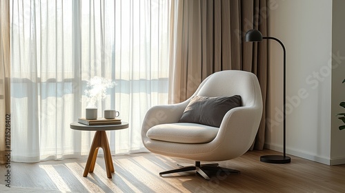 Serene Modern Living Room Comfortable Armchair Coffee Table and Sunlight Streaming Through Sheer