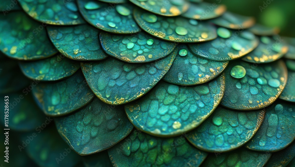 Obraz premium Close-up View of Vibrant Green Scales with Water Droplets Glimmering in Natural Light, Showcasing Glossy Texture and Intricate Patterns Found in Nature