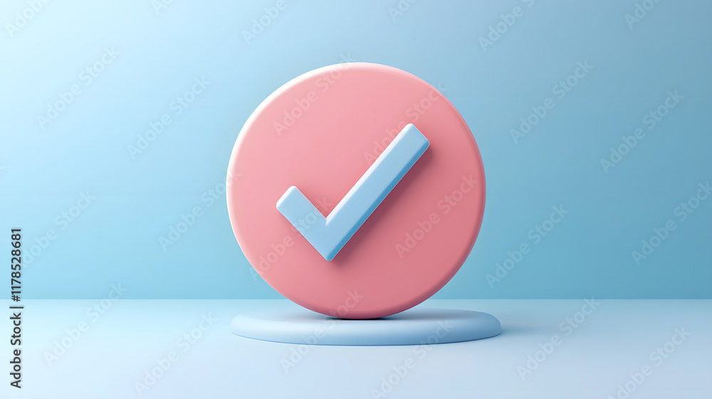 Minimalistic design featuring pink circular icon with blue checkmark, symbolizing approval and success Minimalistic design featuring pink circular icon with blue checkmark, symbolizing approval and success