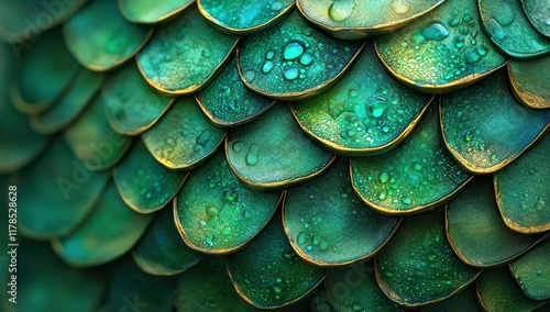 Wallpaper Mural Close-up View of Vibrant Green Scales with Water Droplets, Detailed Texture and Natural Pattern Highlighting the Beauty of Nature Torontodigital.ca