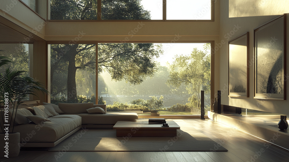 Fototapeta premium Bright modern space with panoramic window and cozy atmosphere