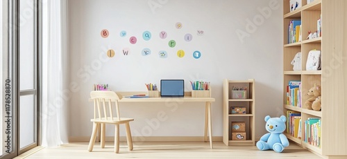 Wallpaper Mural Child's bright playroom with alphabet wall decals, wooden desk, chair, bookcase and toys. Torontodigital.ca