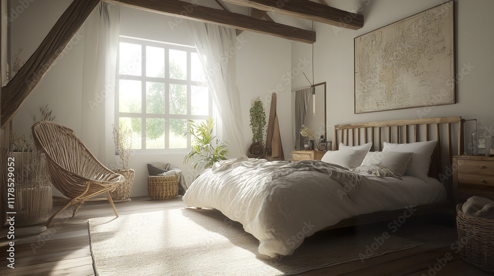Bright Scandinavian bedroom with daylight illuminating wood accents Bright Scandinavian bedroom with daylight illuminating wood accents