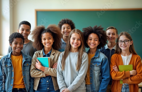 Happy junior school students stand in classroom. Diverse group of children smile at camera. Multi ethnic friends pose for group photo. Looks happy, friendly. In class. Photo shows students looking photo