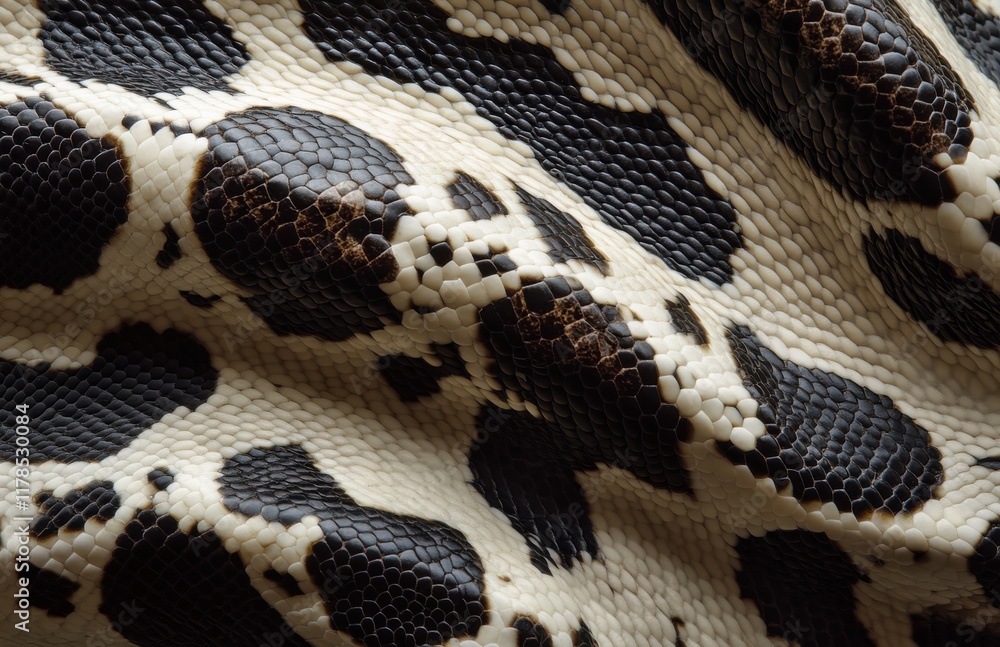 Detailed Close-Up of Elegant Animal Skin Texture Featuring Unique Patterns and Color Contrast with Black and White Shades, Perfect for Fashion or Interior Design Themes Detailed Close-Up of Elegant Animal Skin Texture Featuring Unique Patterns and Color Contrast with Black and White Shades, Perfect for Fashion or Interior Design Themes