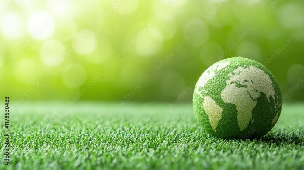 Vibrant green earth globe on lush grass with bright sunlight in the background green Vibrant green earth globe on lush grass with bright sunlight in the background green