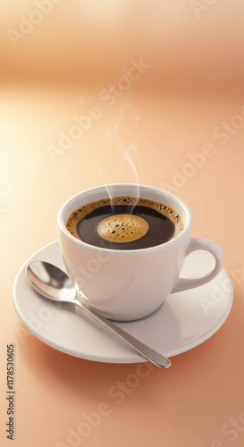 Aromatic Hot Coffee in White Cup Steam Rising Breakfast Drink Cafe Beverage