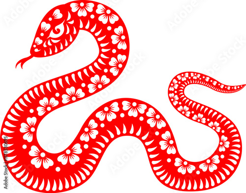 2025 snake reptile, Chinese lunar New Year symbol. Chinese zodiac horoscope animals. Red snake with white flowers pattern, lunar calendar sequence, New Year holiday animal isolated vector symbol