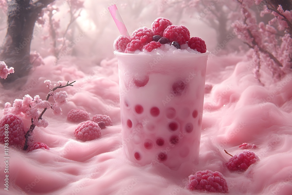 Raspberry Bubble Tea Surrounded By Pink Blossoms Raspberry Bubble Tea Surrounded By Pink Blossoms