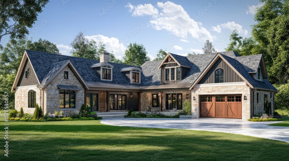 A modern stone house with a spacious lawn and driveway under a clear blue sky. A modern stone house with a spacious lawn and driveway under a clear blue sky.