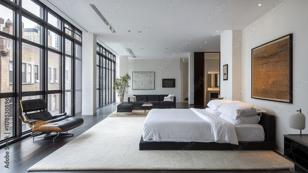 Fototapeta premium Modern minimalist bedroom with large windows and city view
